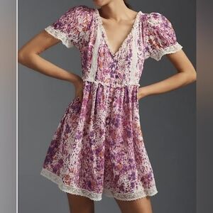 ANTHROPOLOGIE  NWOT  Oversized Multicolor Lace-Trim Babydoll Romper Sz M